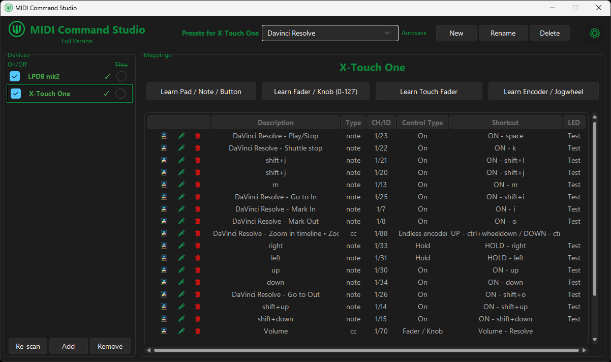 MIDI Command Studio preset for video editing timeline navigation, markers and editing shortcuts